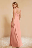 Square Chiffon Sleeveless Bridesmaid Dress Long Formal Evening Dresses with Slit