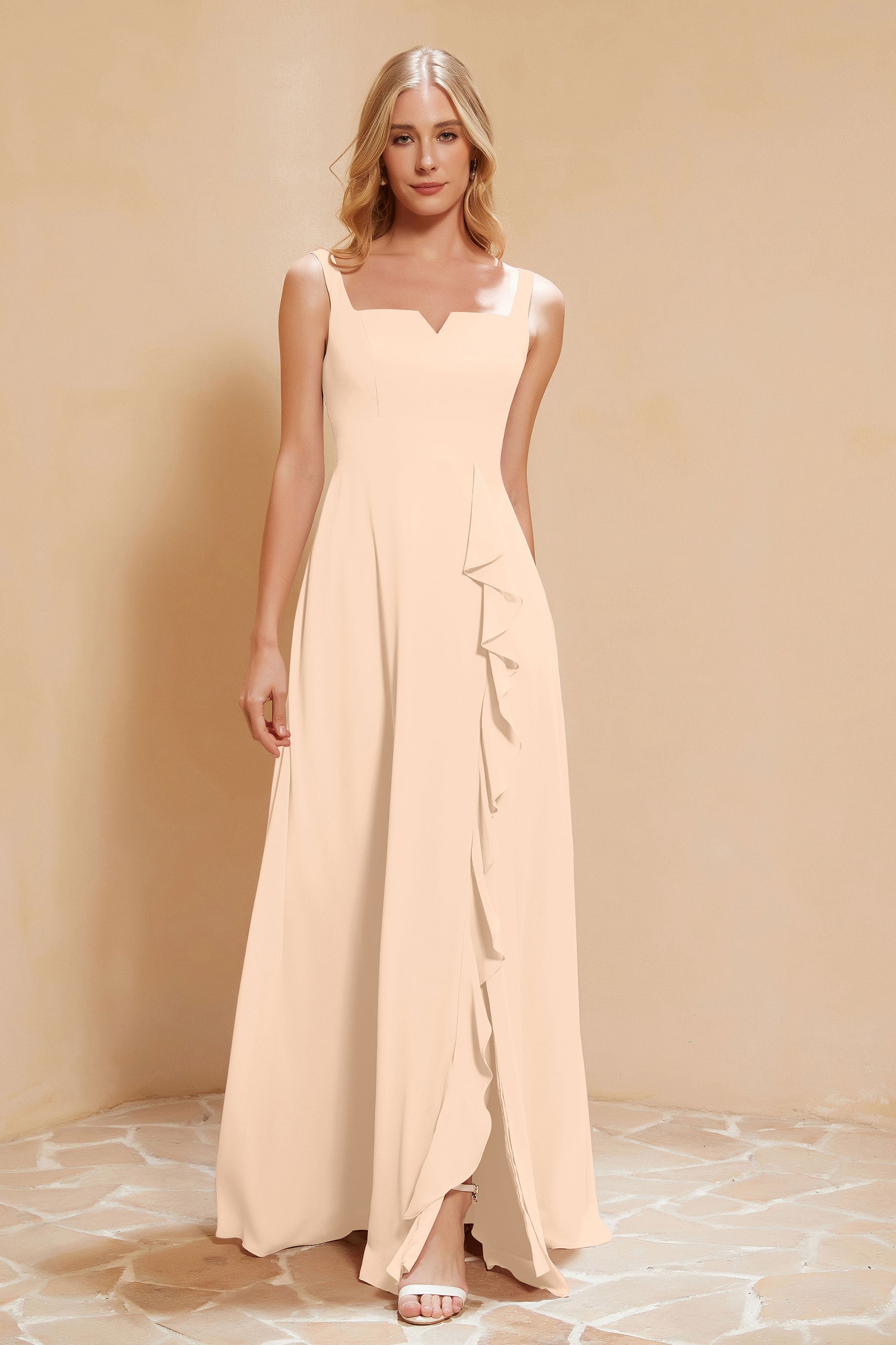 Square Chiffon Sleeveless Bridesmaid Dress Long Formal Evening Dresses with Slit