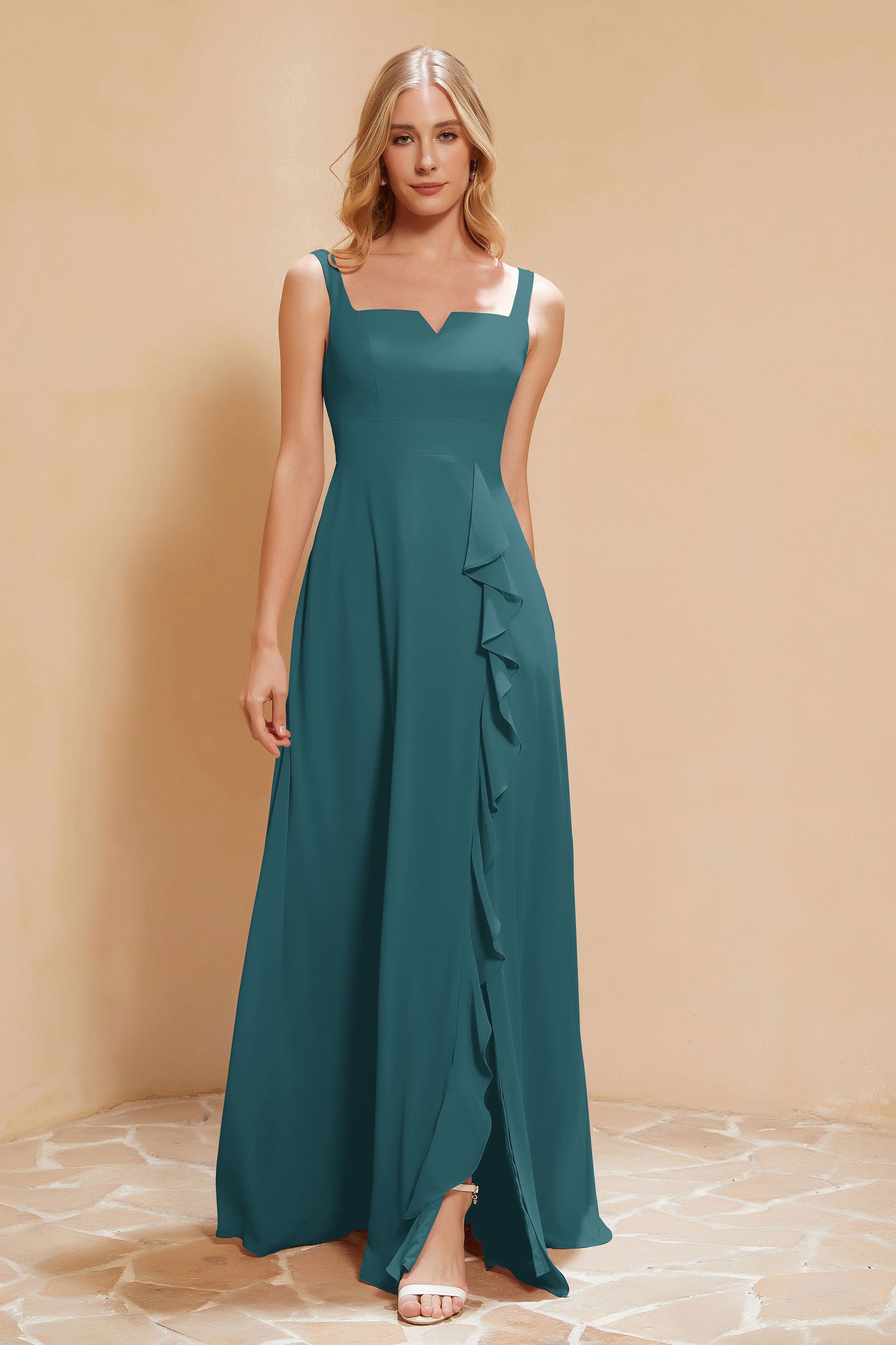 Square Chiffon Sleeveless Bridesmaid Dress Long Formal Evening Dresses with Slit