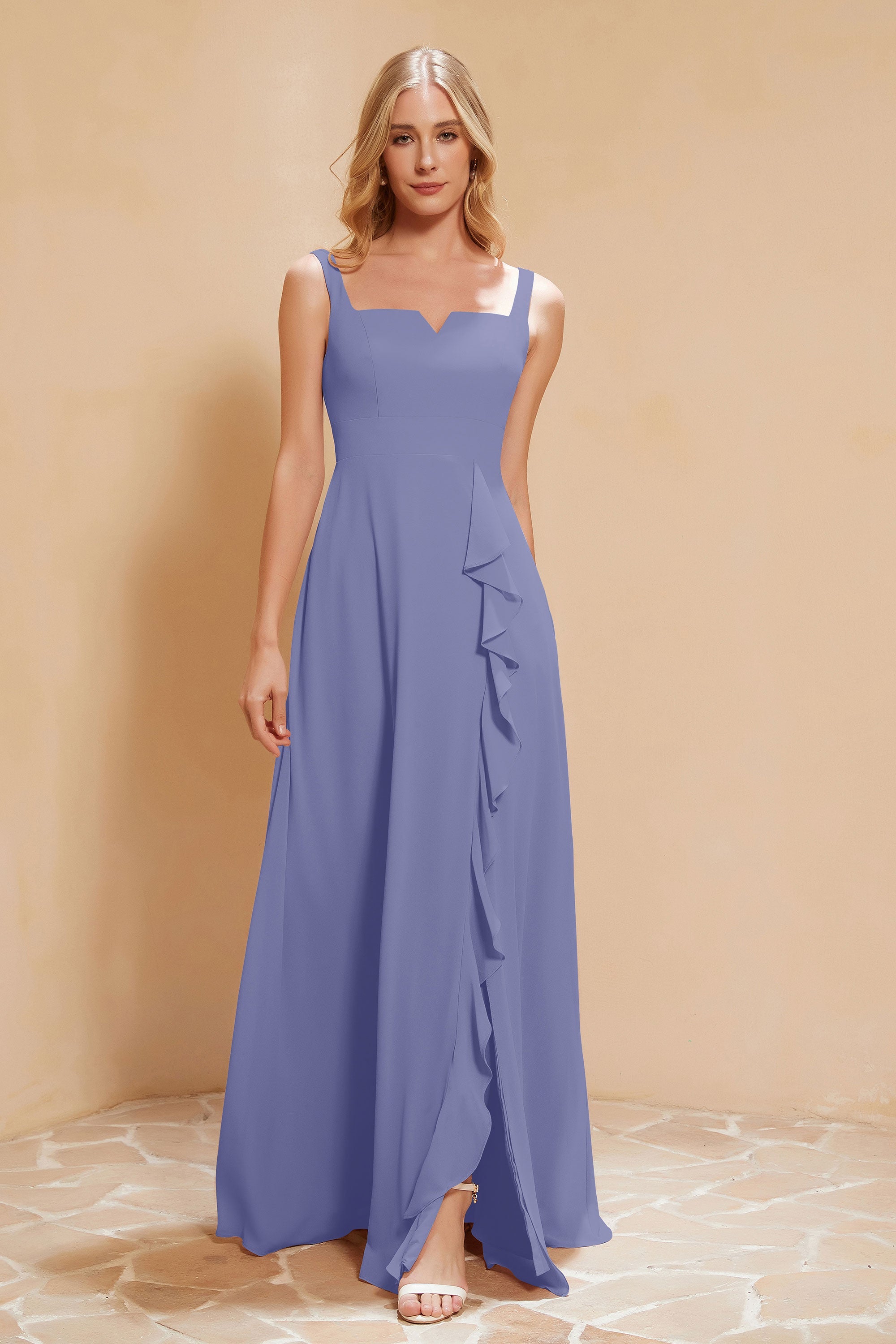 Square Chiffon Sleeveless Bridesmaid Dress Long Formal Evening Dresses with Slit