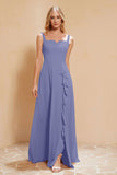 Square Chiffon Sleeveless Bridesmaid Dress Long Formal Evening Dresses with Slit