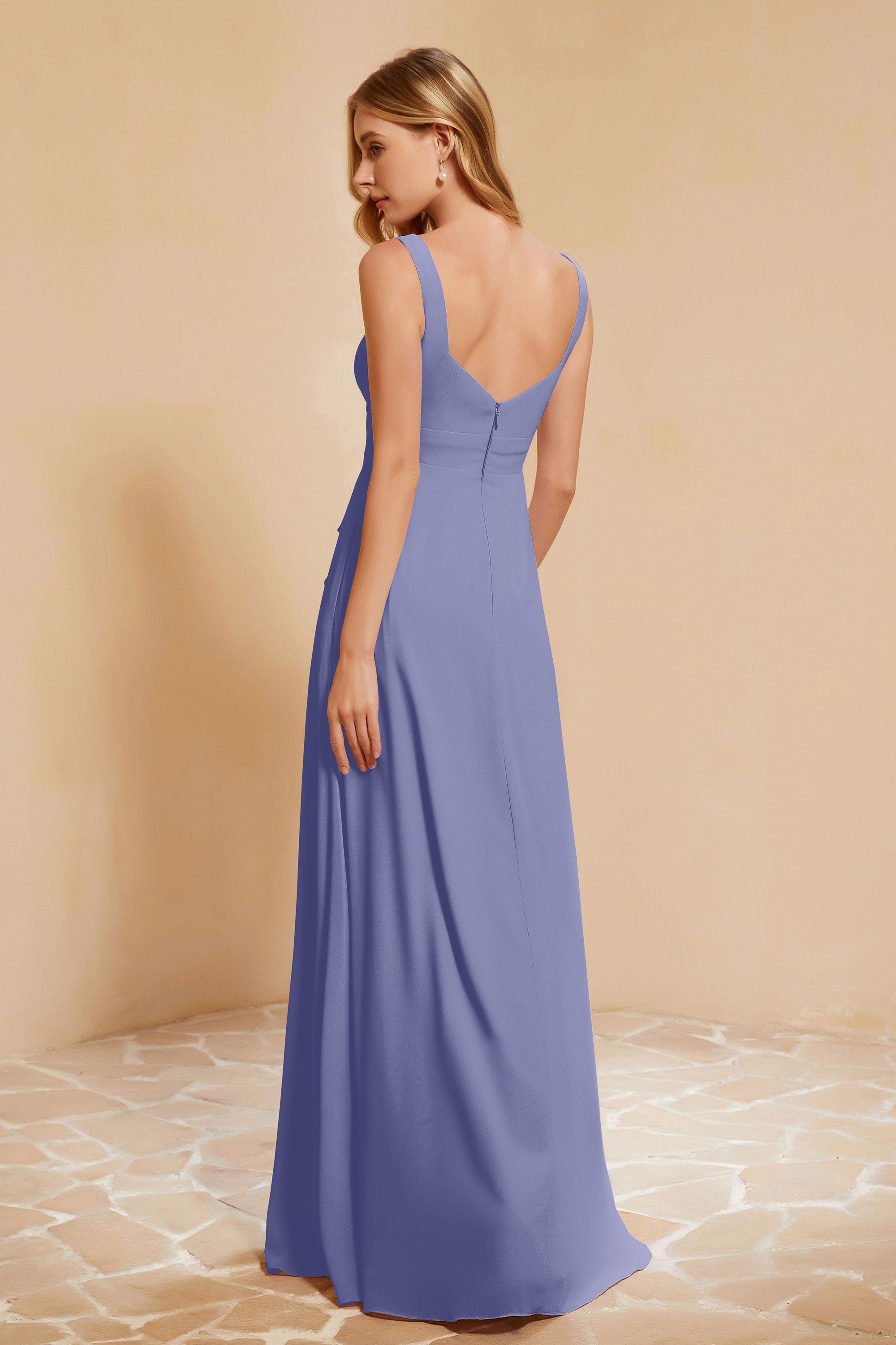 Square Chiffon Sleeveless Bridesmaid Dress Long Formal Evening Dresses with Slit