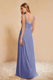 Square Chiffon Sleeveless Bridesmaid Dress Long Formal Evening Dresses with Slit