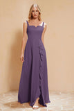 Square Chiffon Sleeveless Bridesmaid Dress Long Formal Evening Dresses with Slit