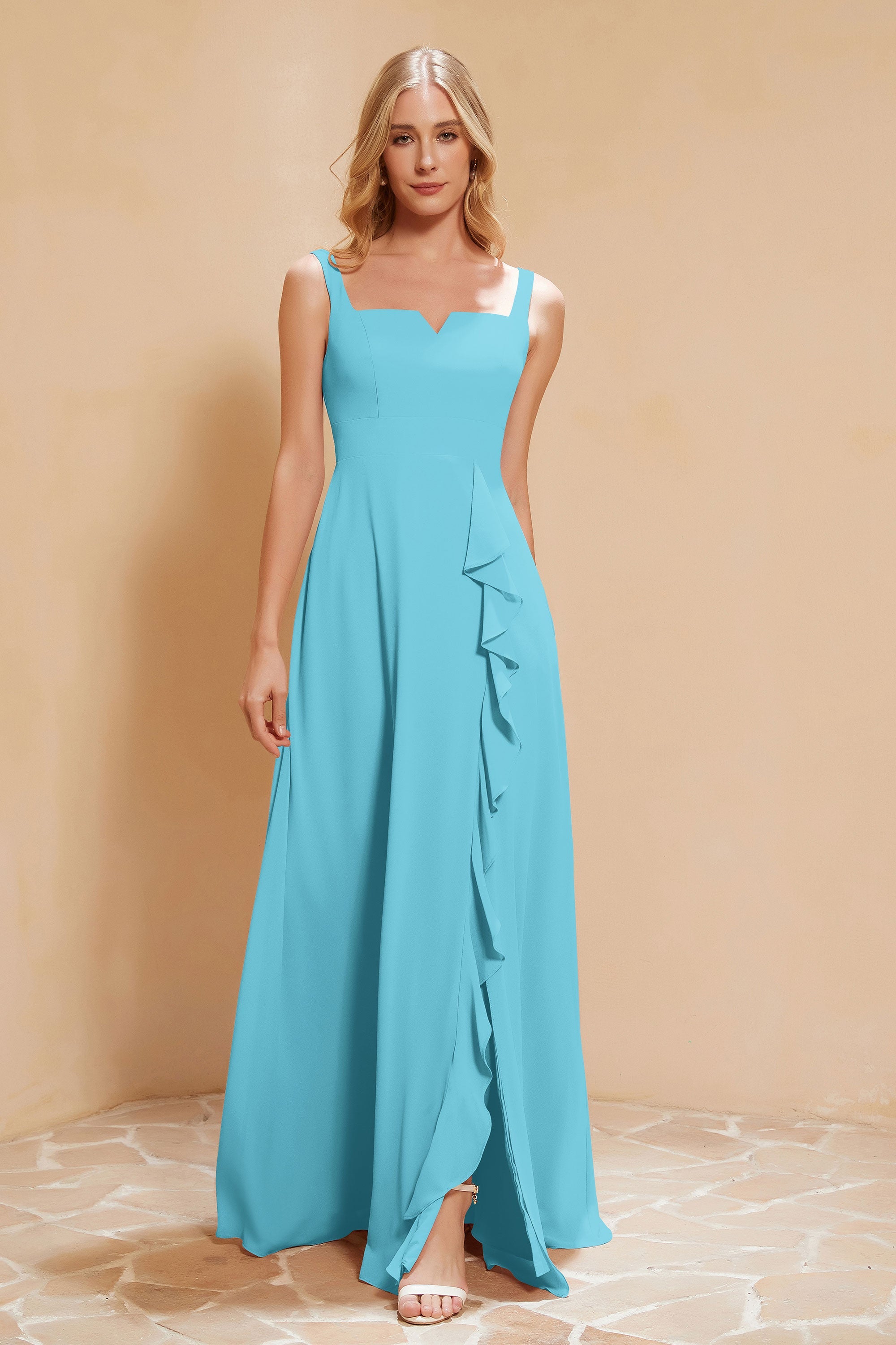 Square Chiffon Sleeveless Bridesmaid Dress Long Formal Evening Dresses with Slit