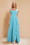 Square Chiffon Sleeveless Bridesmaid Dress Long Formal Evening Dresses with Slit