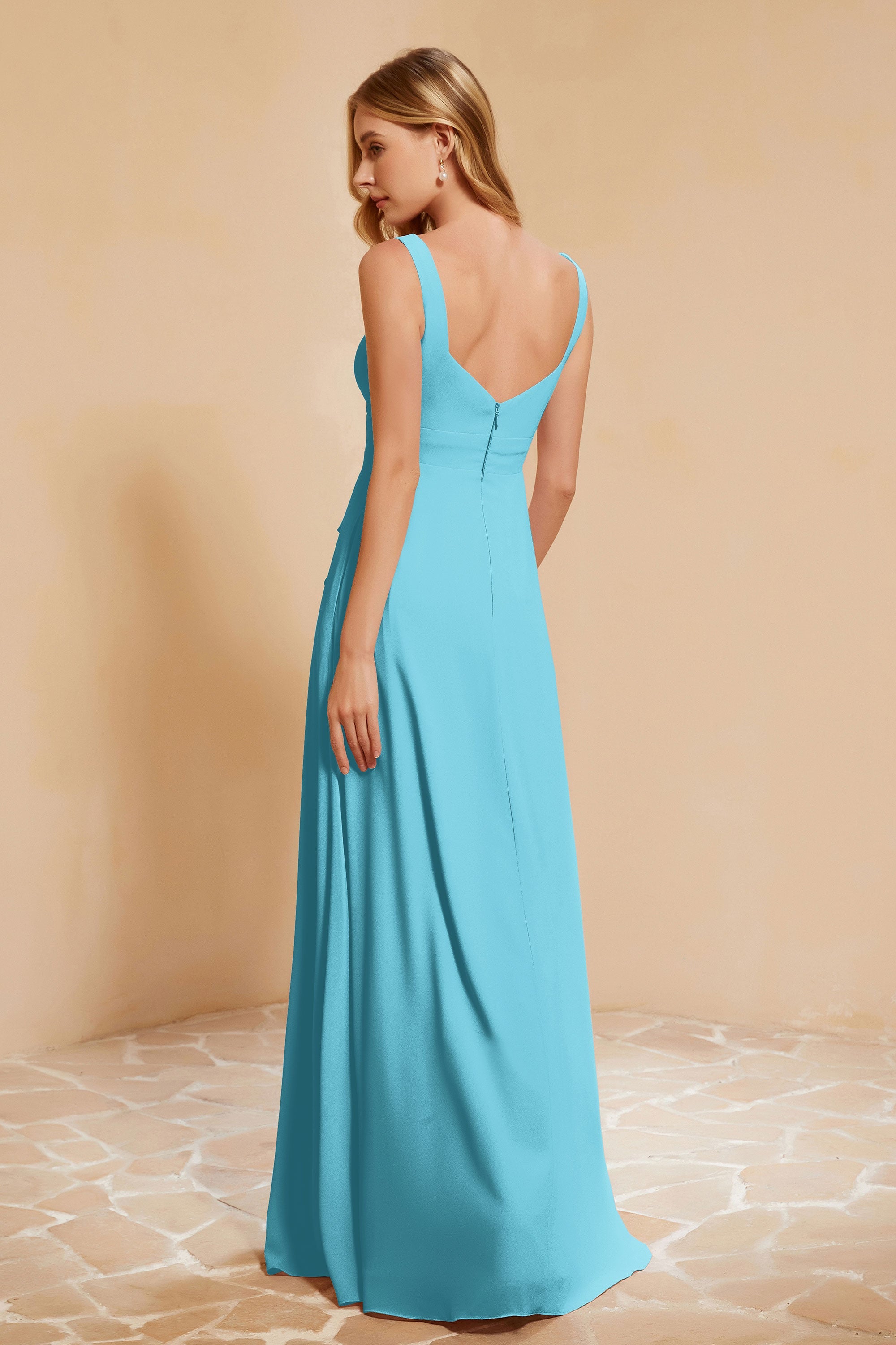Square Chiffon Sleeveless Bridesmaid Dress Long Formal Evening Dresses with Slit