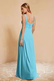 Square Chiffon Sleeveless Bridesmaid Dress Long Formal Evening Dresses with Slit
