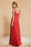 Square Chiffon Sleeveless Bridesmaid Dress Long Formal Evening Dresses with Slit