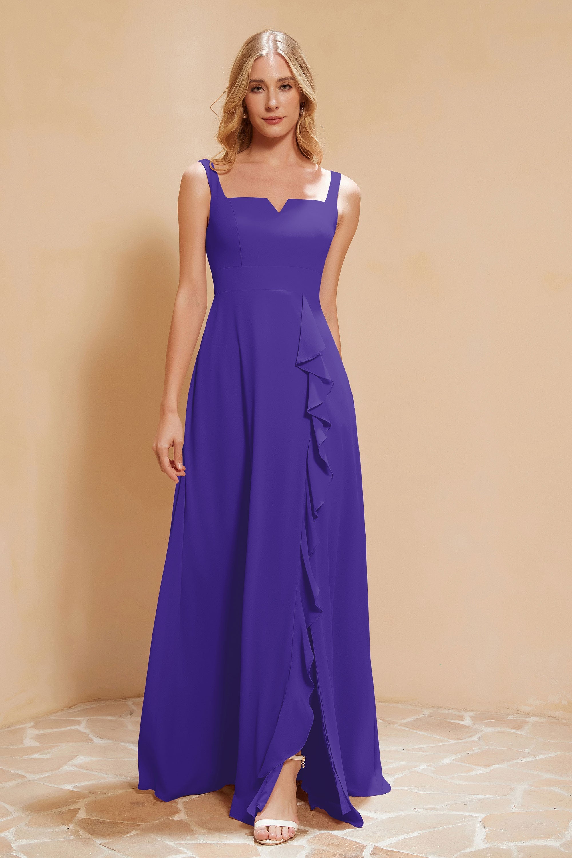 Square Chiffon Sleeveless Bridesmaid Dress Long Formal Evening Dresses with Slit