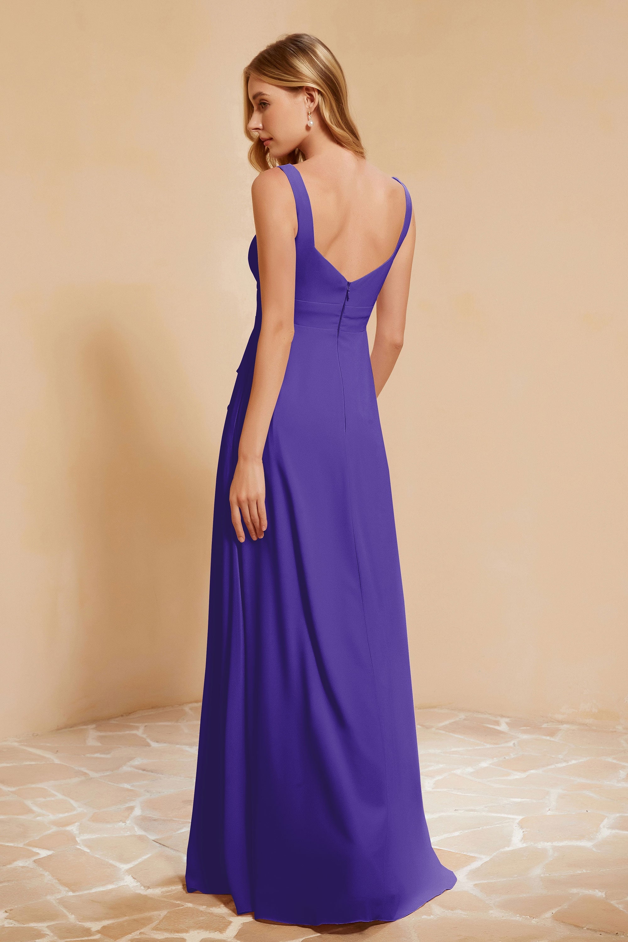 Square Chiffon Sleeveless Bridesmaid Dress Long Formal Evening Dresses with Slit