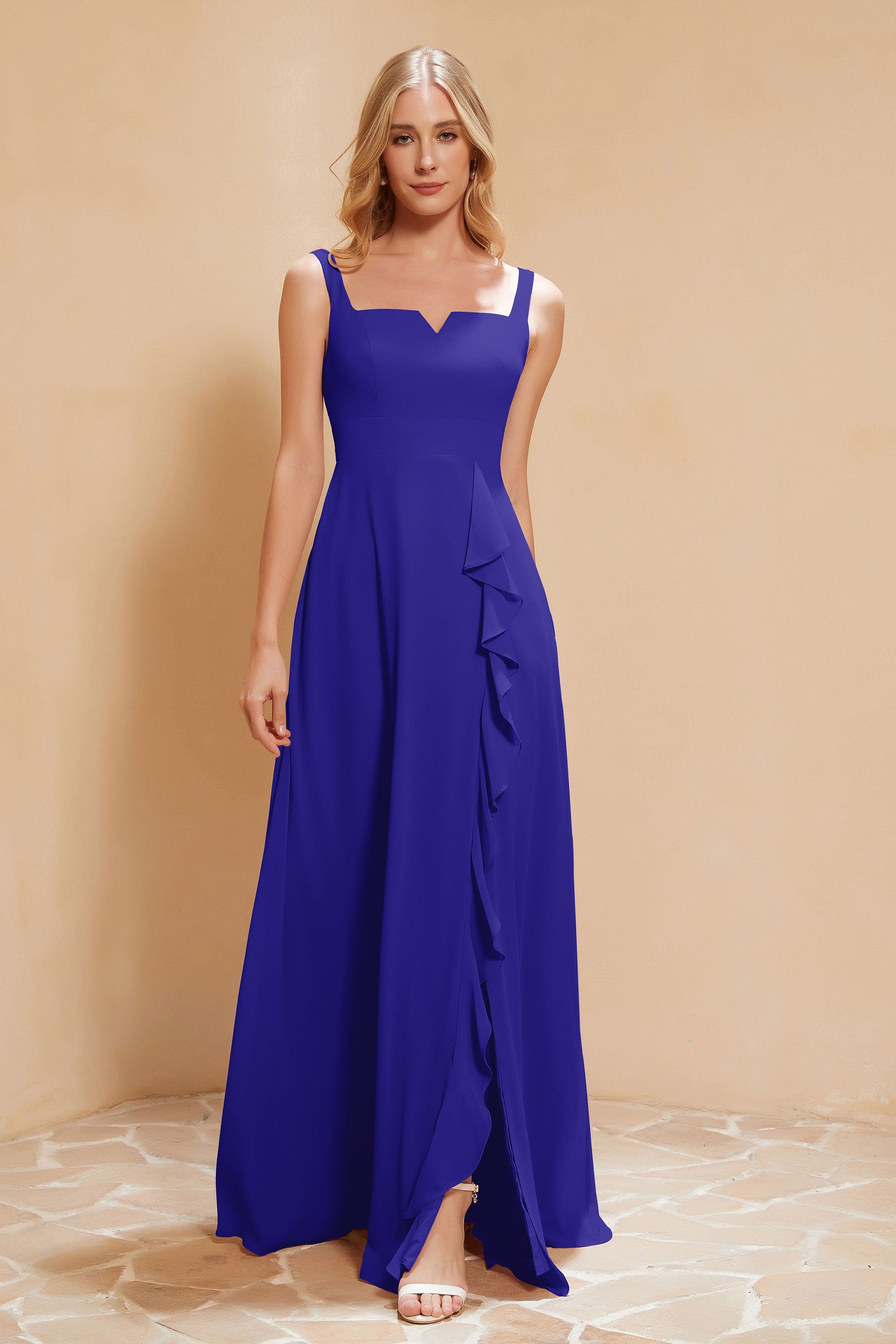 Square Chiffon Sleeveless Bridesmaid Dress Long Formal Evening Dresses with Slit