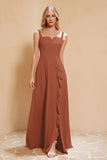Square Chiffon Sleeveless Bridesmaid Dress Long Formal Evening Dresses with Slit