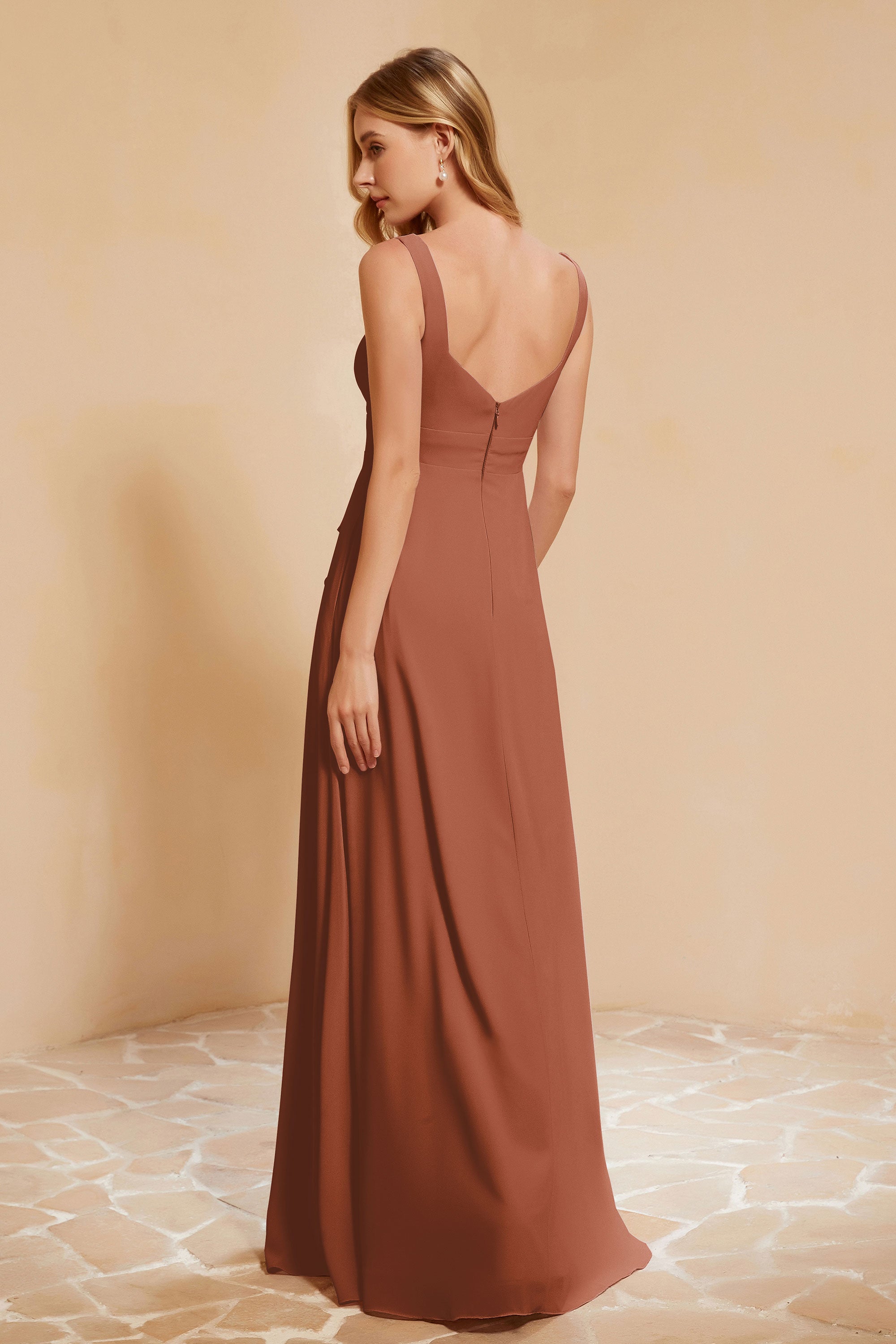 Square Chiffon Sleeveless Bridesmaid Dress Long Formal Evening Dresses with Slit