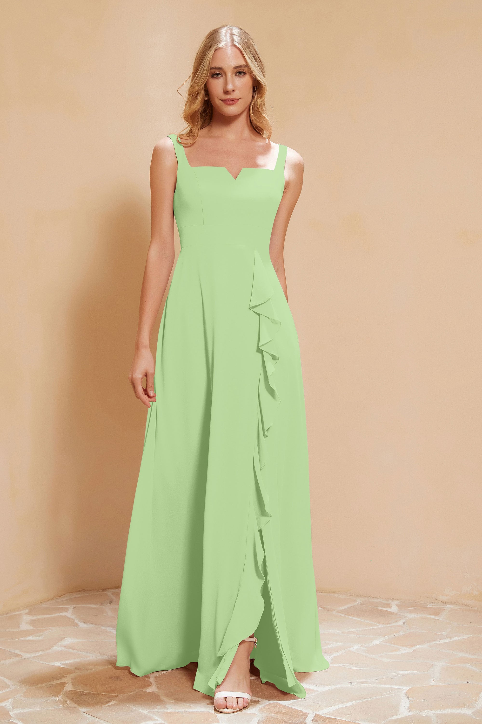 Square Chiffon Sleeveless Bridesmaid Dress Long Formal Evening Dresses with Slit