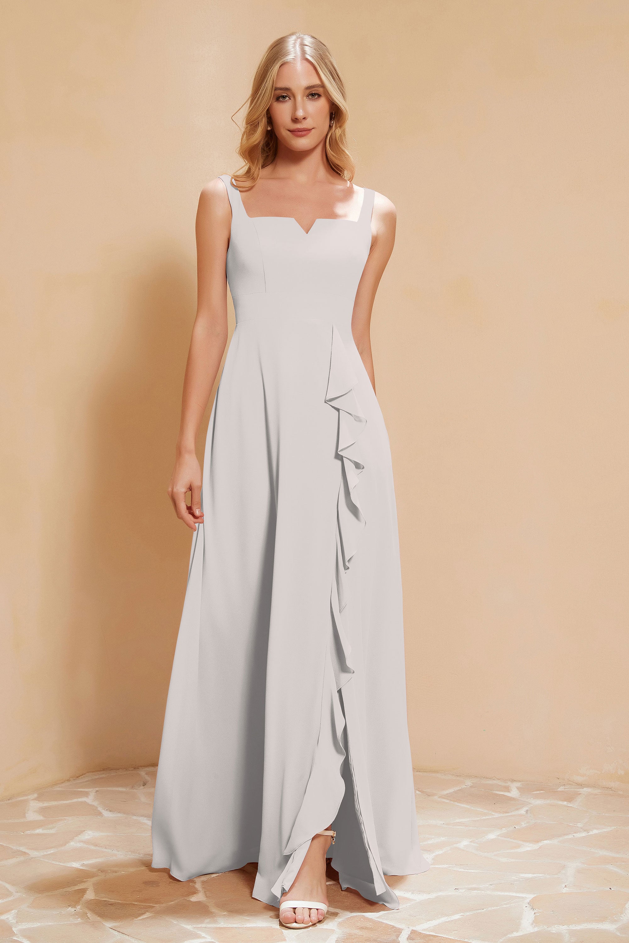 Square Chiffon Sleeveless Bridesmaid Dress Long Formal Evening Dresses with Slit