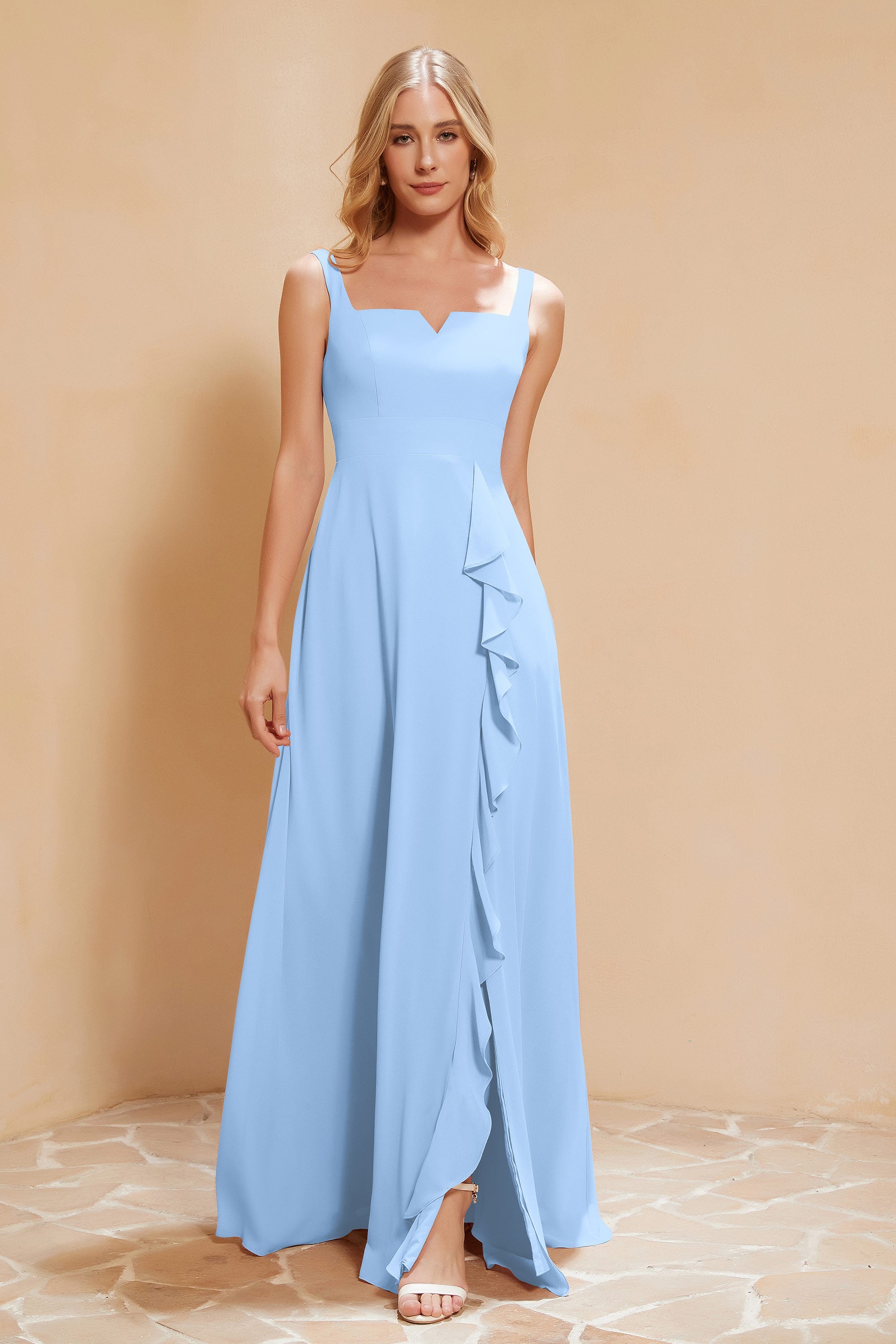 Square Chiffon Sleeveless Bridesmaid Dress Long Formal Evening Dresses with Slit