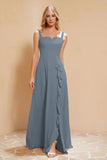 Square Chiffon Sleeveless Bridesmaid Dress Long Formal Evening Dresses with Slit
