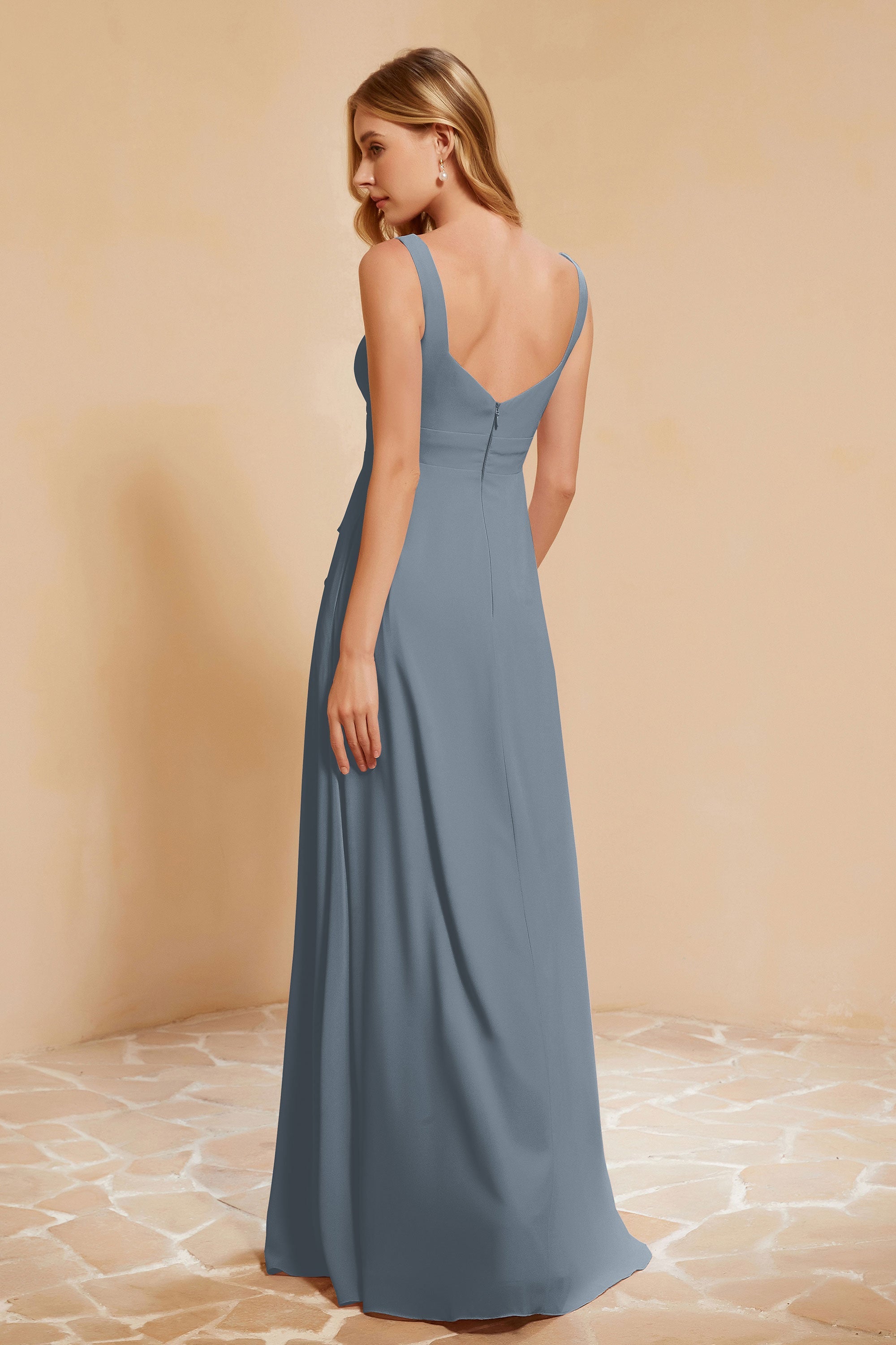 Square Chiffon Sleeveless Bridesmaid Dress Long Formal Evening Dresses with Slit