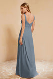 Square Chiffon Sleeveless Bridesmaid Dress Long Formal Evening Dresses with Slit