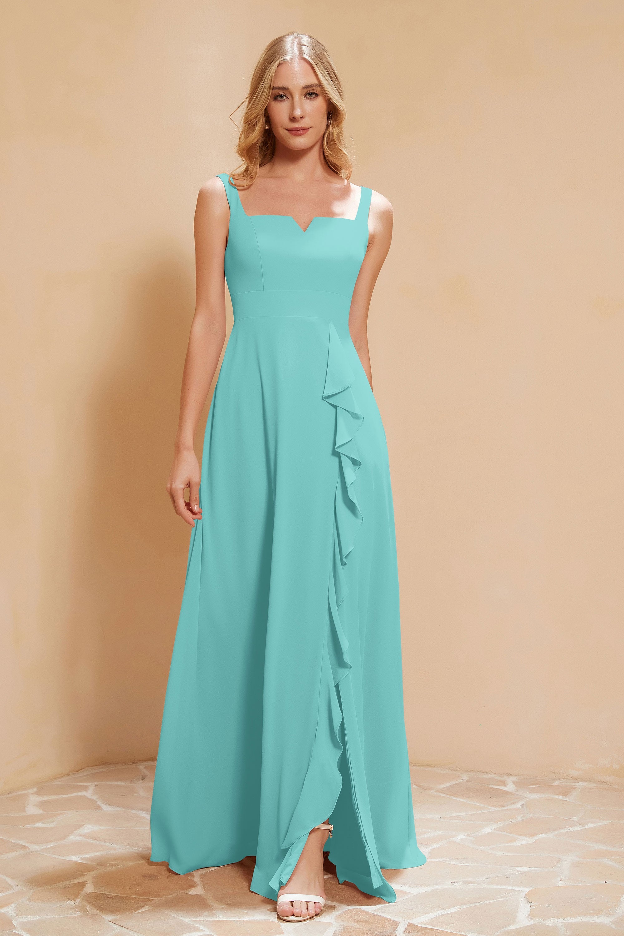 Square Chiffon Sleeveless Bridesmaid Dress Long Formal Evening Dresses with Slit