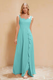 Square Chiffon Sleeveless Bridesmaid Dress Long Formal Evening Dresses with Slit