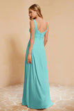 Square Chiffon Sleeveless Bridesmaid Dress Long Formal Evening Dresses with Slit