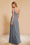 Square Chiffon Sleeveless Bridesmaid Dress Long Formal Evening Dresses with Slit
