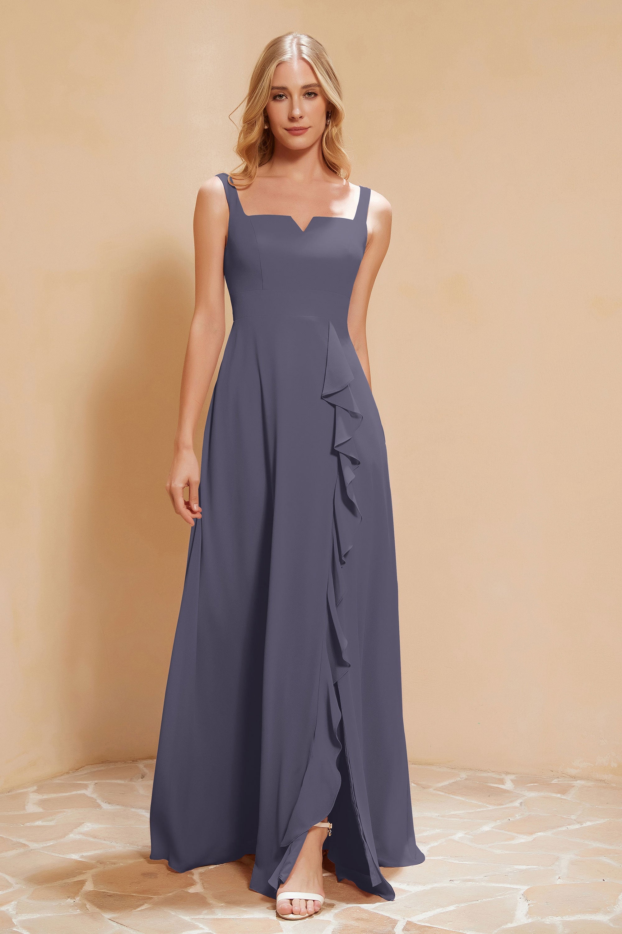 Square Chiffon Sleeveless Bridesmaid Dress Long Formal Evening Dresses with Slit