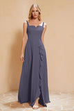 Square Chiffon Sleeveless Bridesmaid Dress Long Formal Evening Dresses with Slit