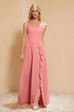 Square Chiffon Sleeveless Bridesmaid Dress Long Formal Evening Dresses with Slit