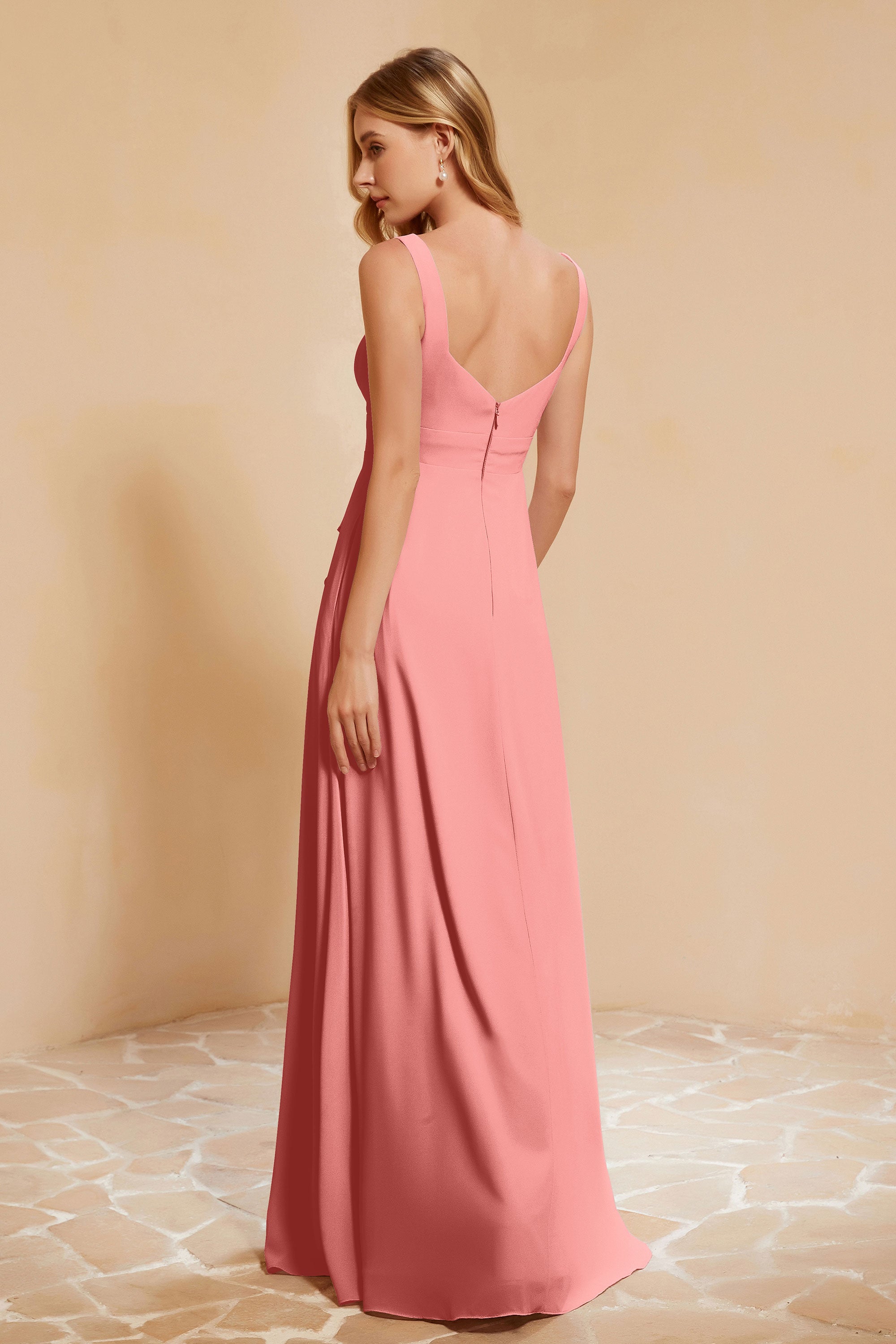 Square Chiffon Sleeveless Bridesmaid Dress Long Formal Evening Dresses with Slit