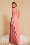 Square Chiffon Sleeveless Bridesmaid Dress Long Formal Evening Dresses with Slit
