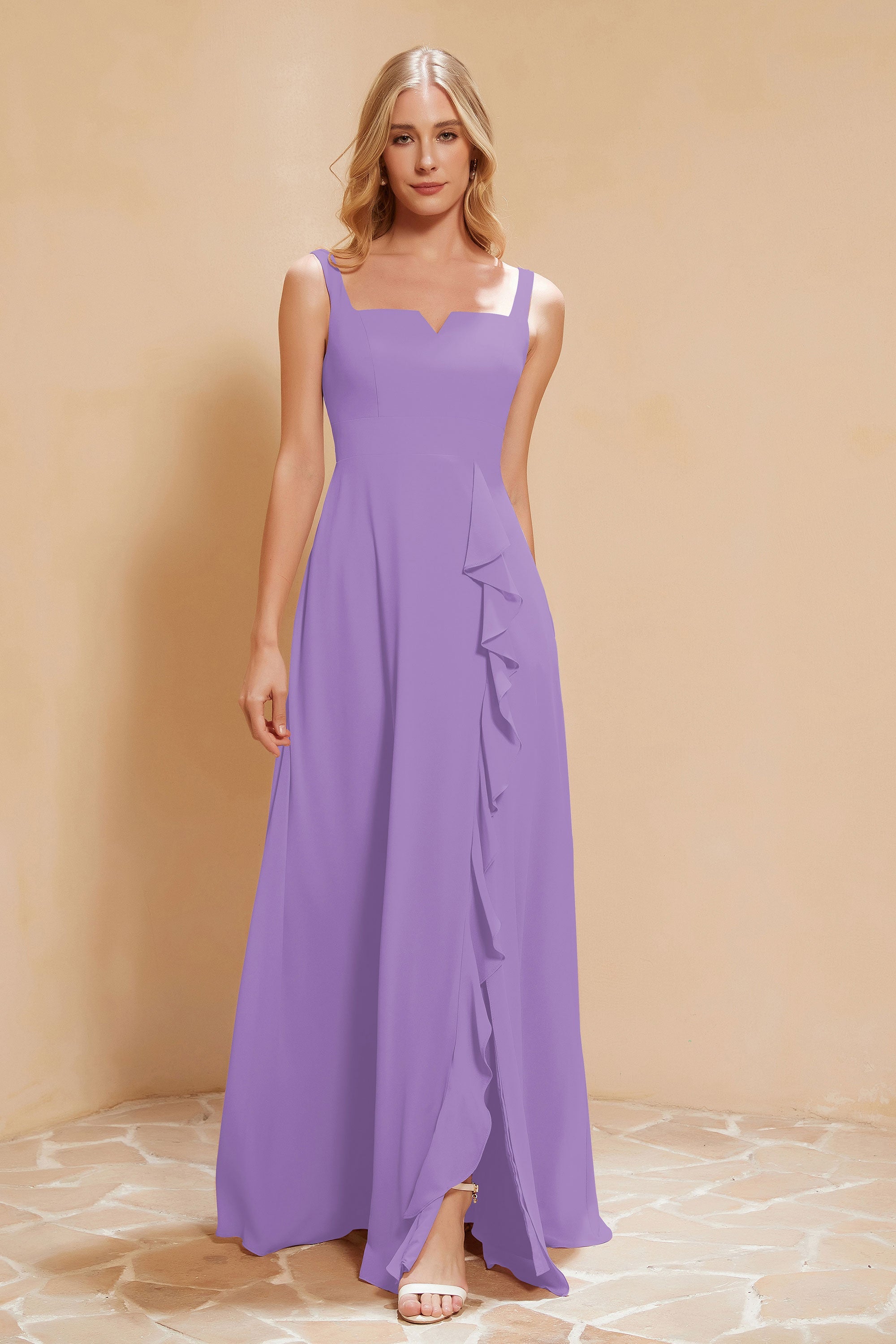 Square Chiffon Sleeveless Bridesmaid Dress Long Formal Evening Dresses with Slit