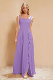 Square Chiffon Sleeveless Bridesmaid Dress Long Formal Evening Dresses with Slit