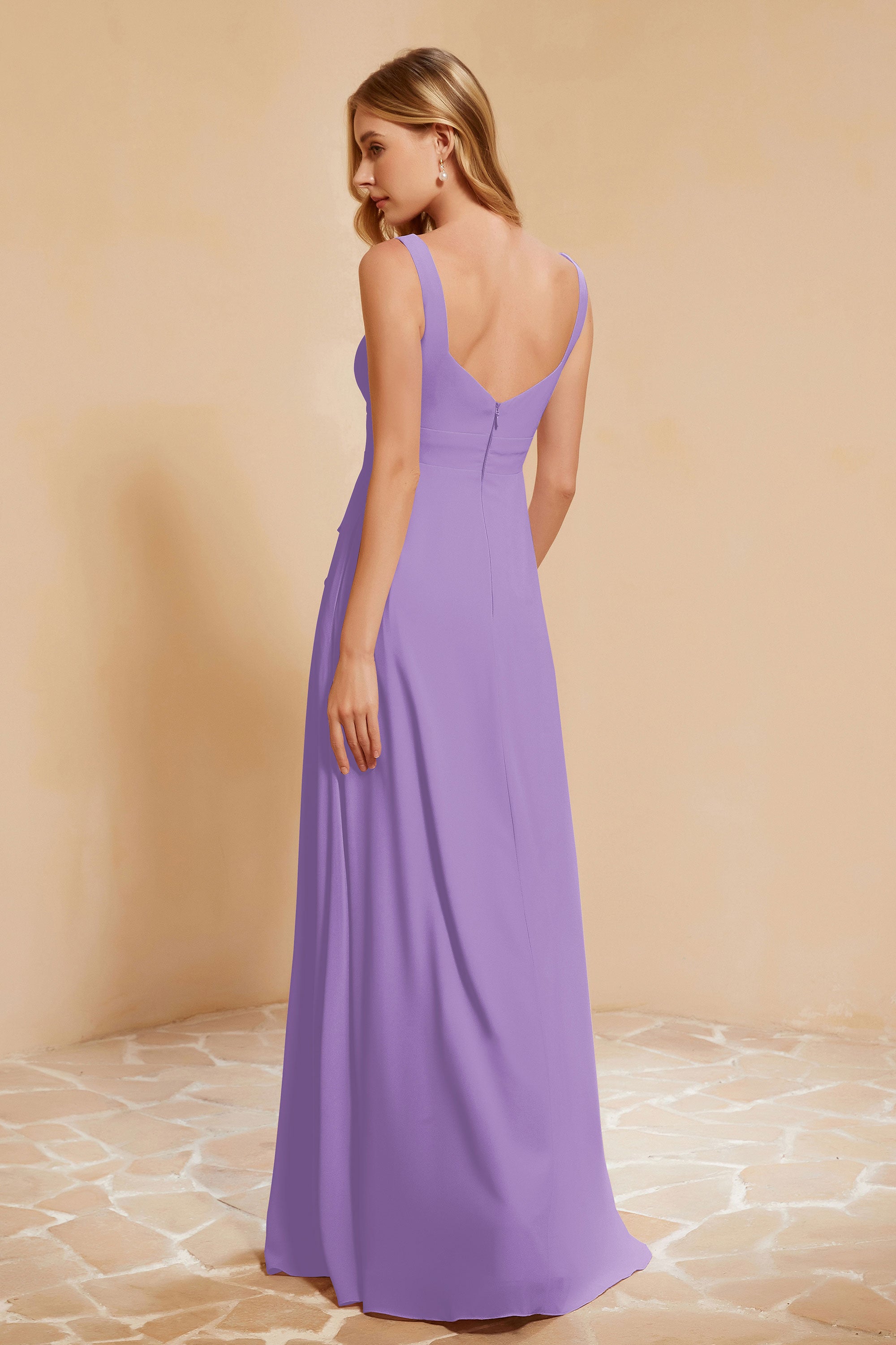 Square Chiffon Sleeveless Bridesmaid Dress Long Formal Evening Dresses with Slit