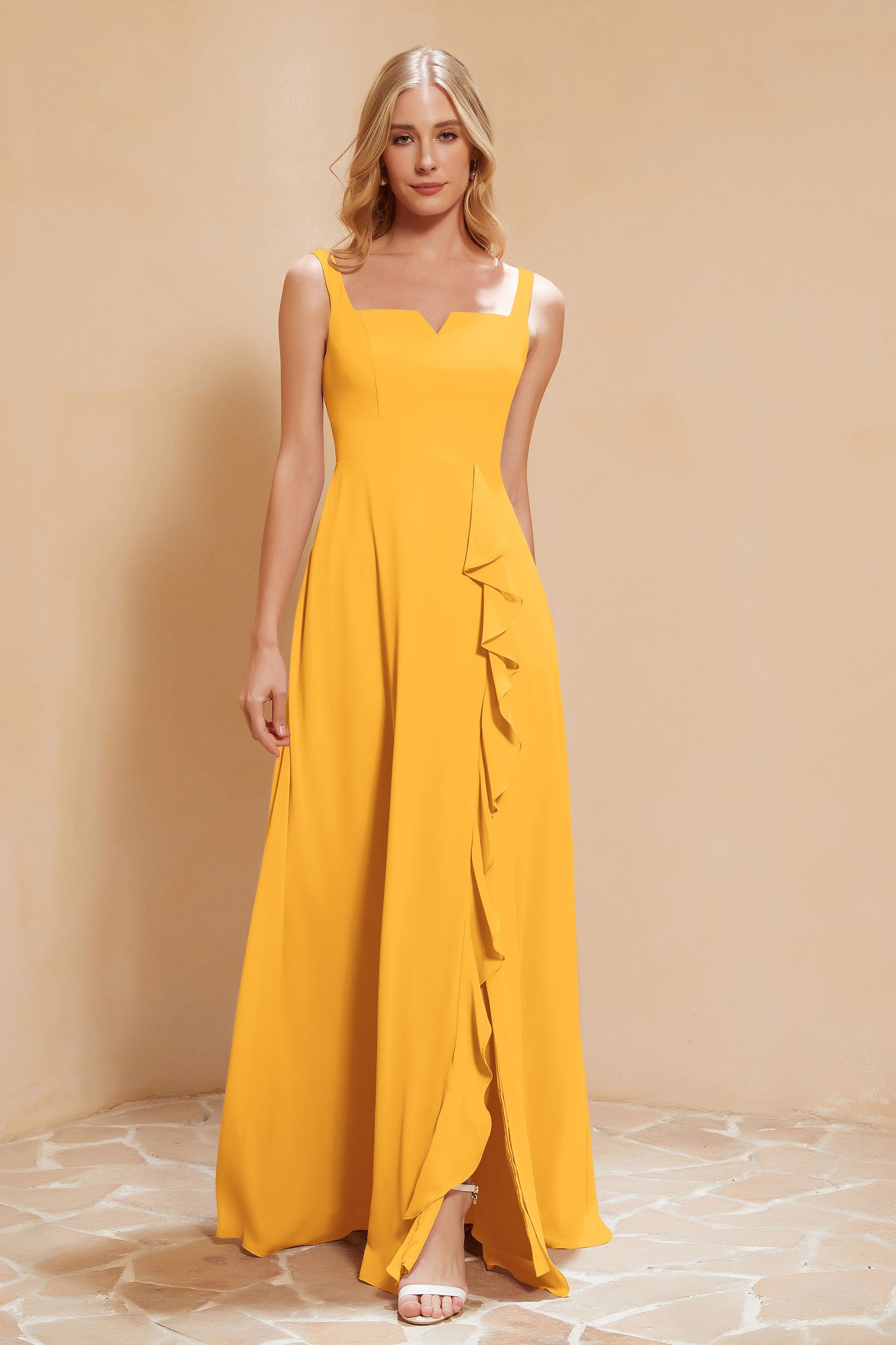 Square Chiffon Sleeveless Bridesmaid Dress Long Formal Evening Dresses with Slit
