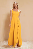 Square Chiffon Sleeveless Bridesmaid Dress Long Formal Evening Dresses with Slit