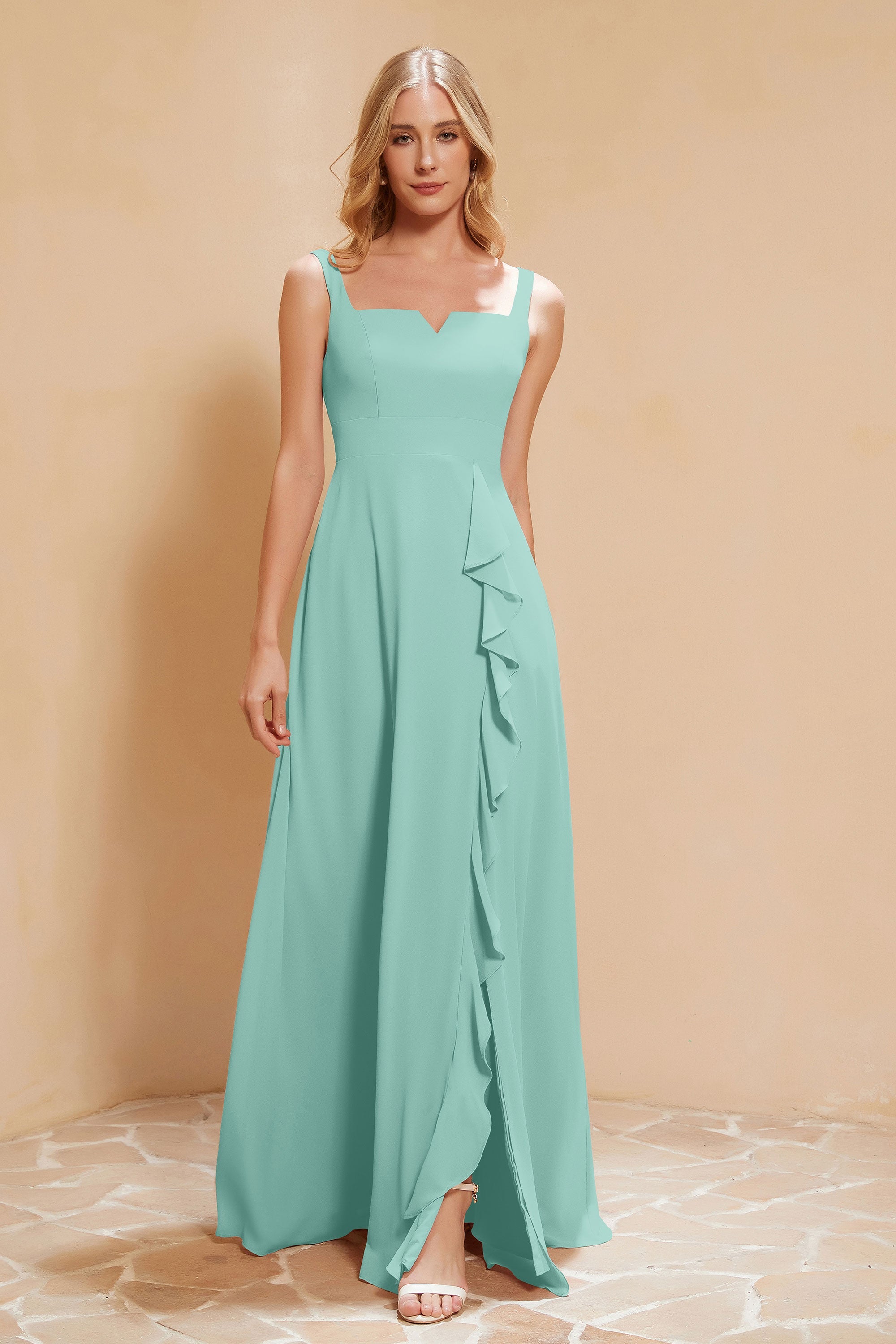 Square Chiffon Sleeveless Bridesmaid Dress Long Formal Evening Dresses with Slit