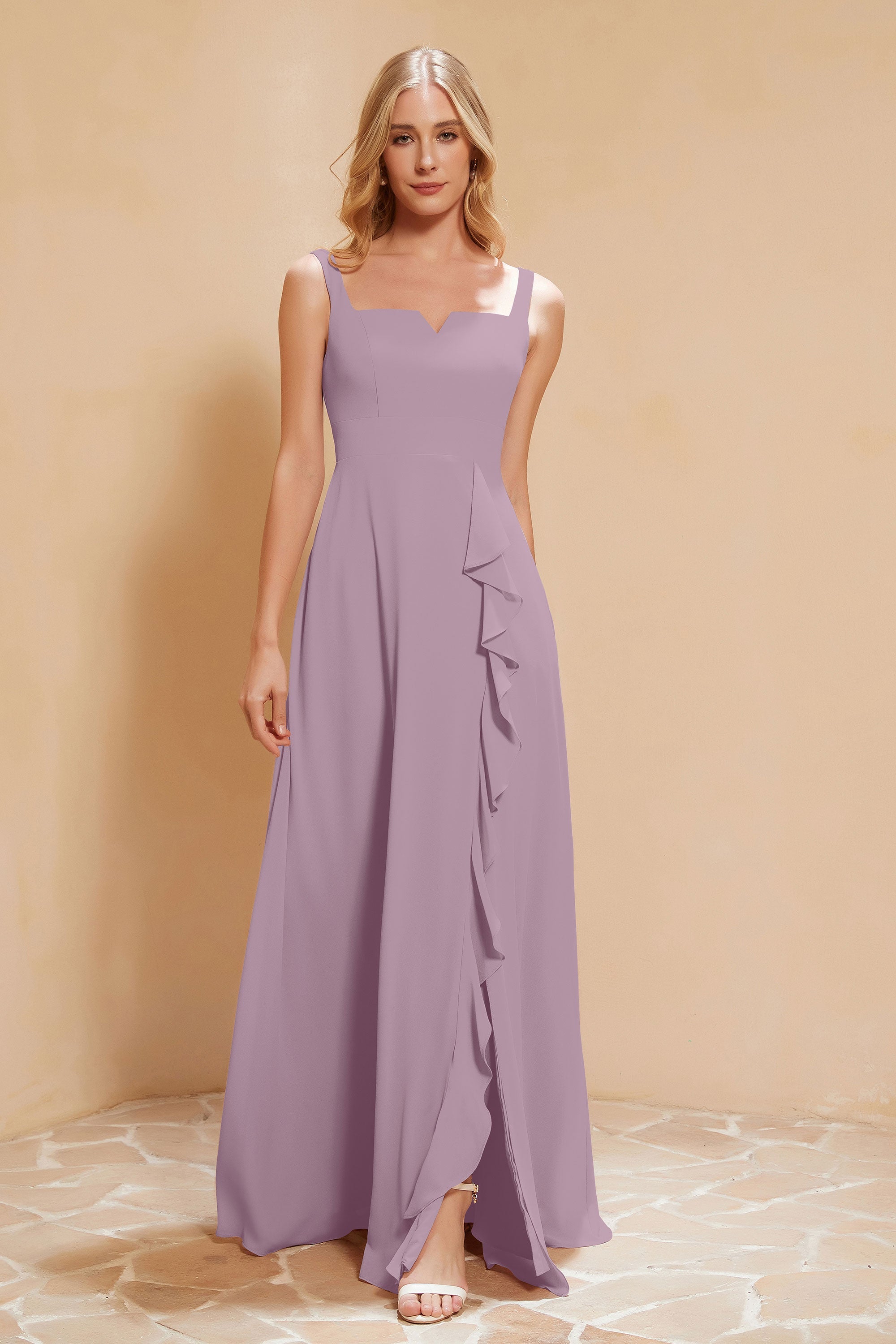Square Chiffon Sleeveless Bridesmaid Dress Long Formal Evening Dresses with Slit