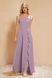 Square Chiffon Sleeveless Bridesmaid Dress Long Formal Evening Dresses with Slit