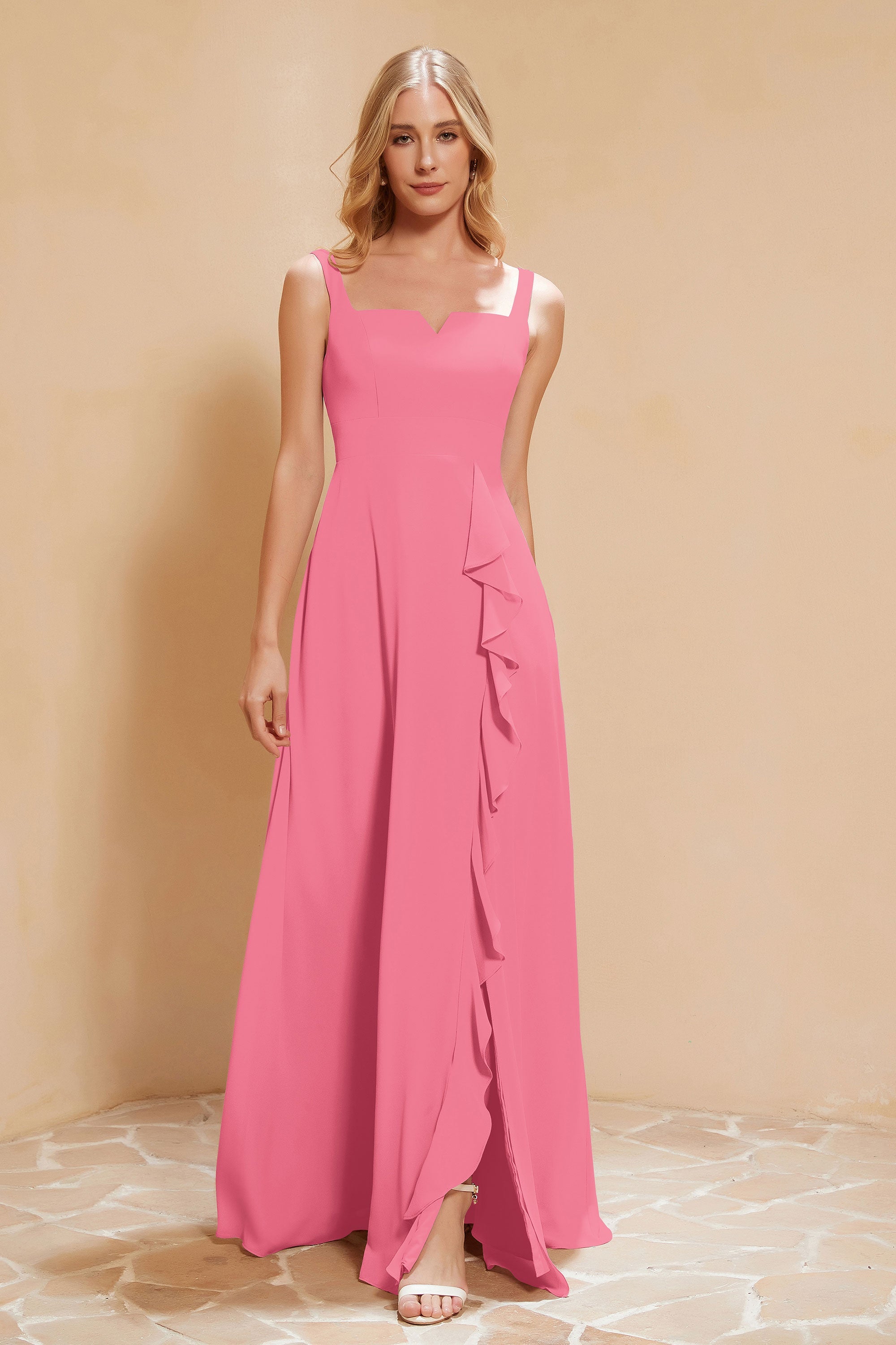 Square Chiffon Sleeveless Bridesmaid Dress Long Formal Evening Dresses with Slit