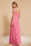 Square Chiffon Sleeveless Bridesmaid Dress Long Formal Evening Dresses with Slit