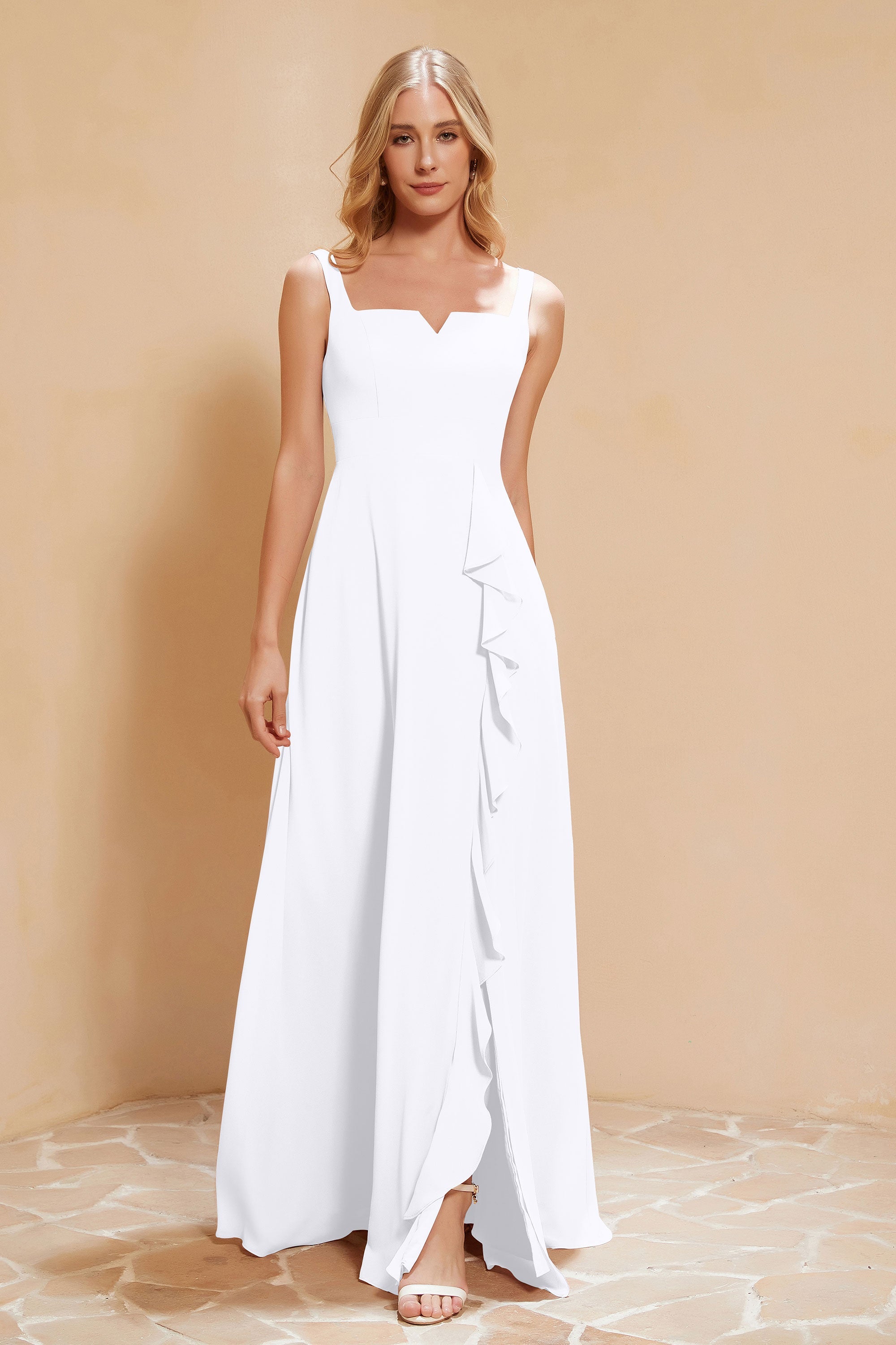 Square Chiffon Sleeveless Bridesmaid Dress Long Formal Evening Dresses with Slit