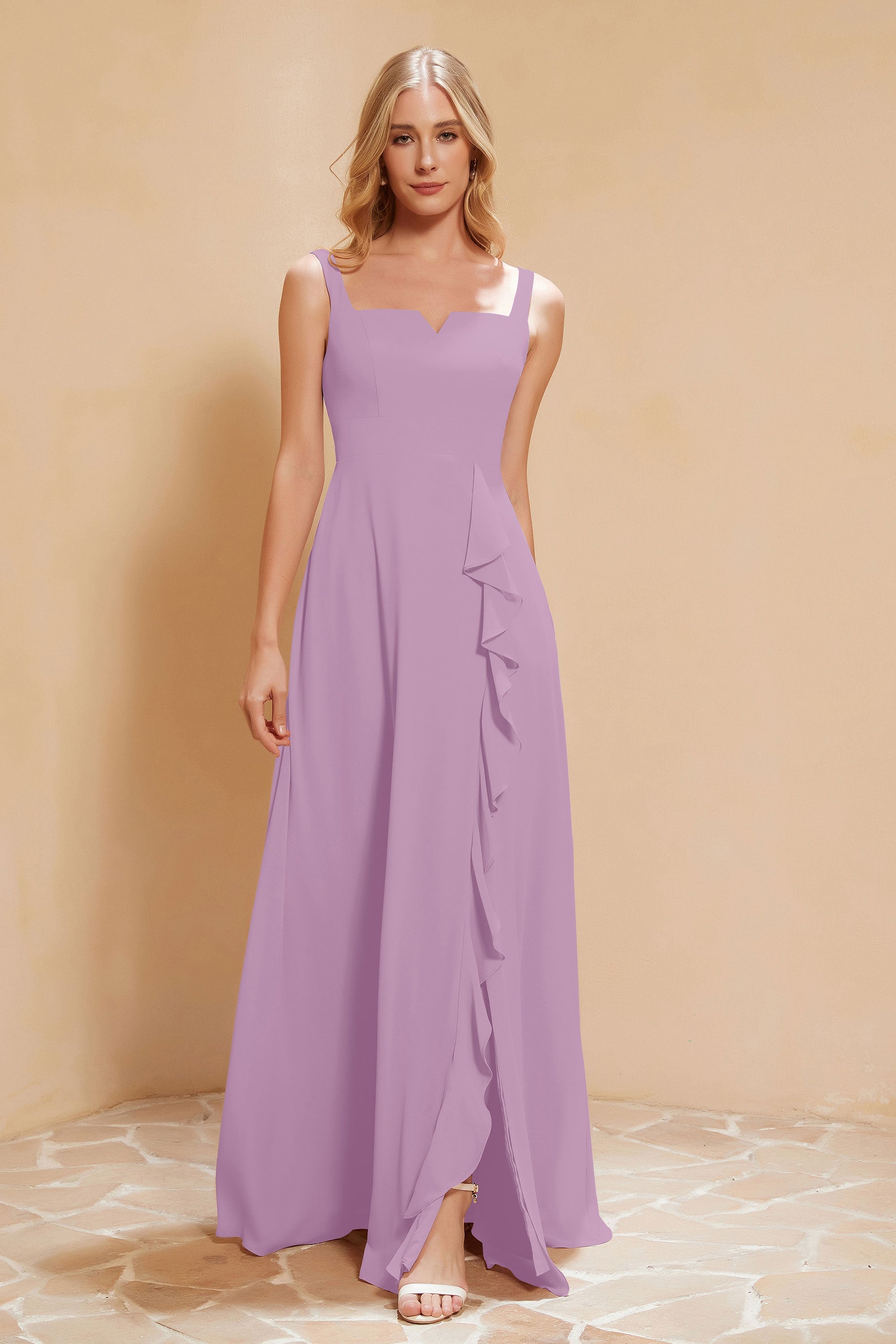 Square Chiffon Sleeveless Bridesmaid Dress Long Formal Evening Dresses with Slit