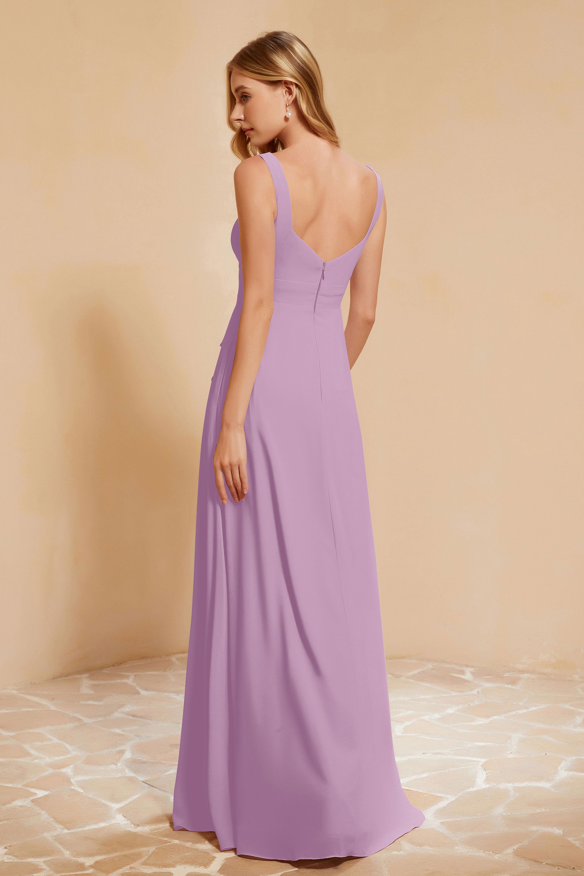 Square Chiffon Sleeveless Bridesmaid Dress Long Formal Evening Dresses with Slit