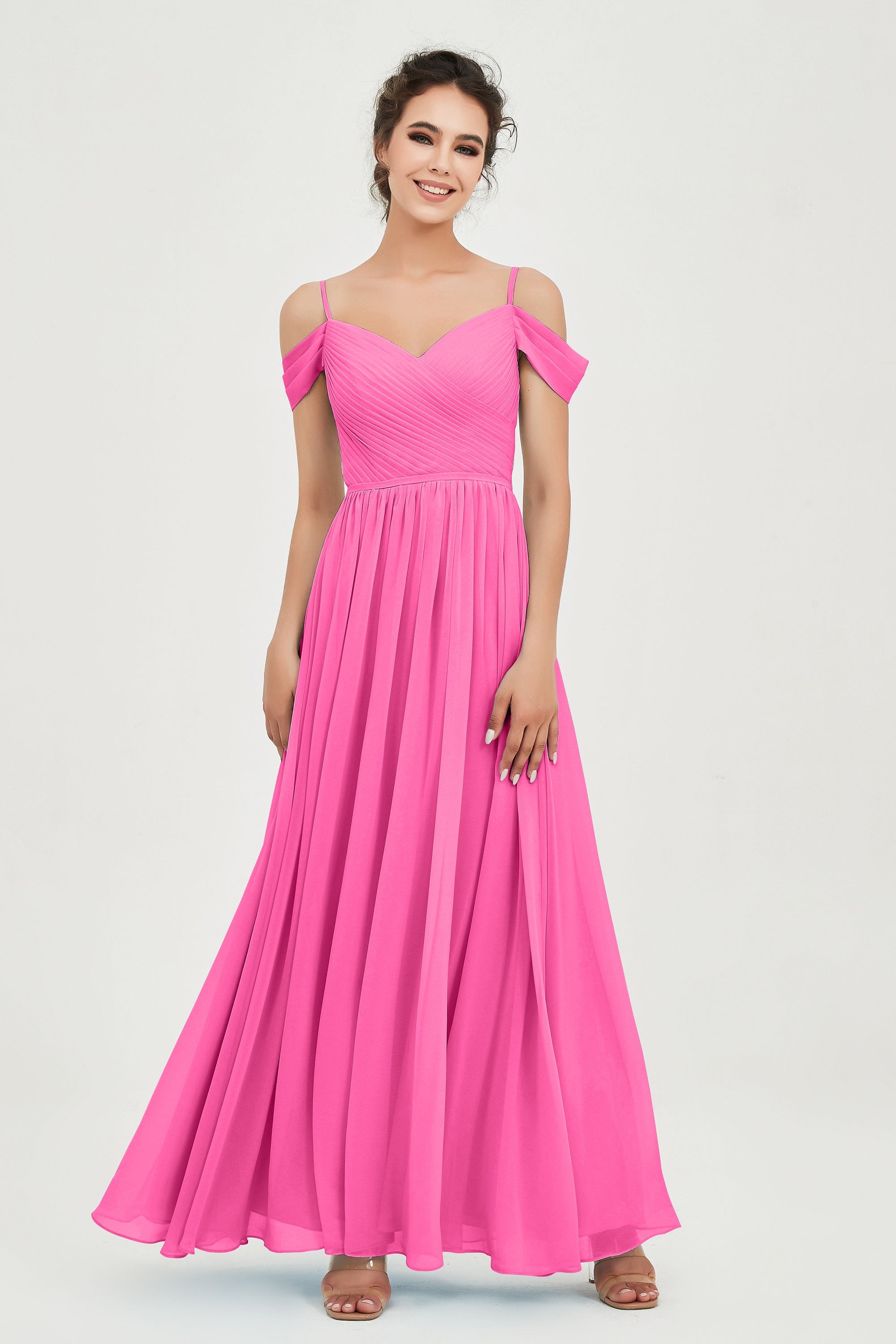 Spaghetti Straps Chiffon Pleated Ruched Bridesmaid Dress Long Formal Evening Dresses Gowns