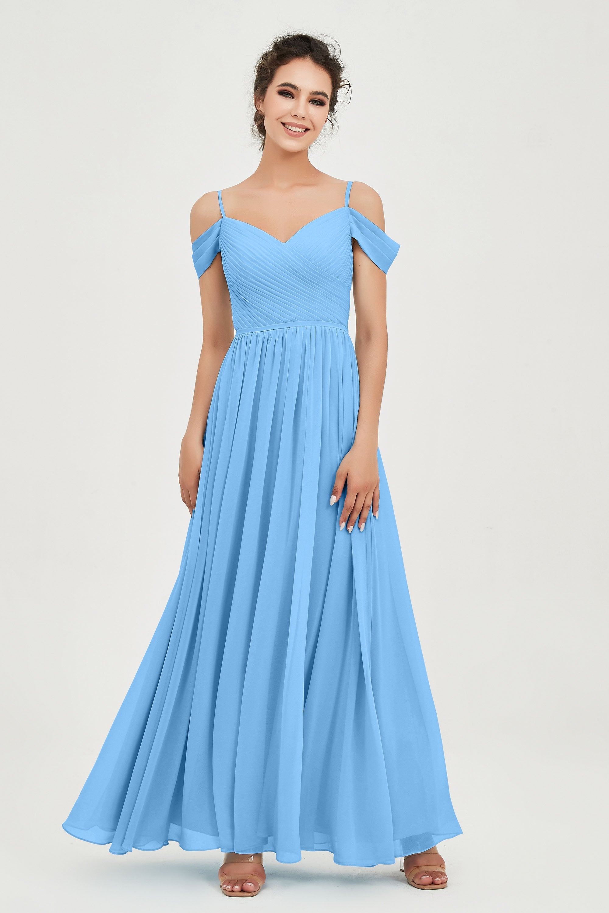 Spaghetti Straps Chiffon Pleated Ruched Bridesmaid Dress Long Formal Evening Dresses Gowns