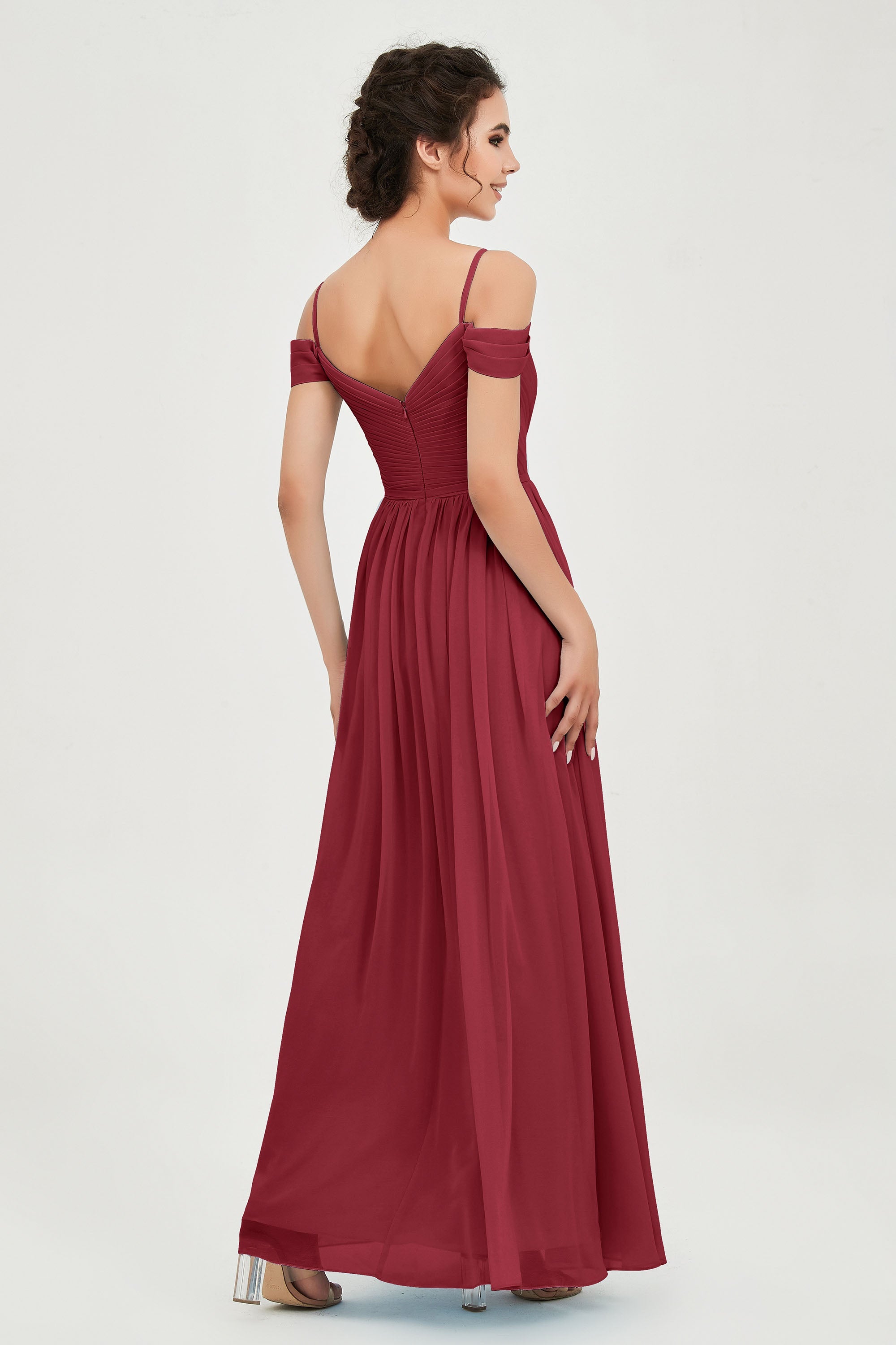 Spaghetti Straps Chiffon Pleated Ruched Bridesmaid Dress Long Formal Evening Dresses Gowns