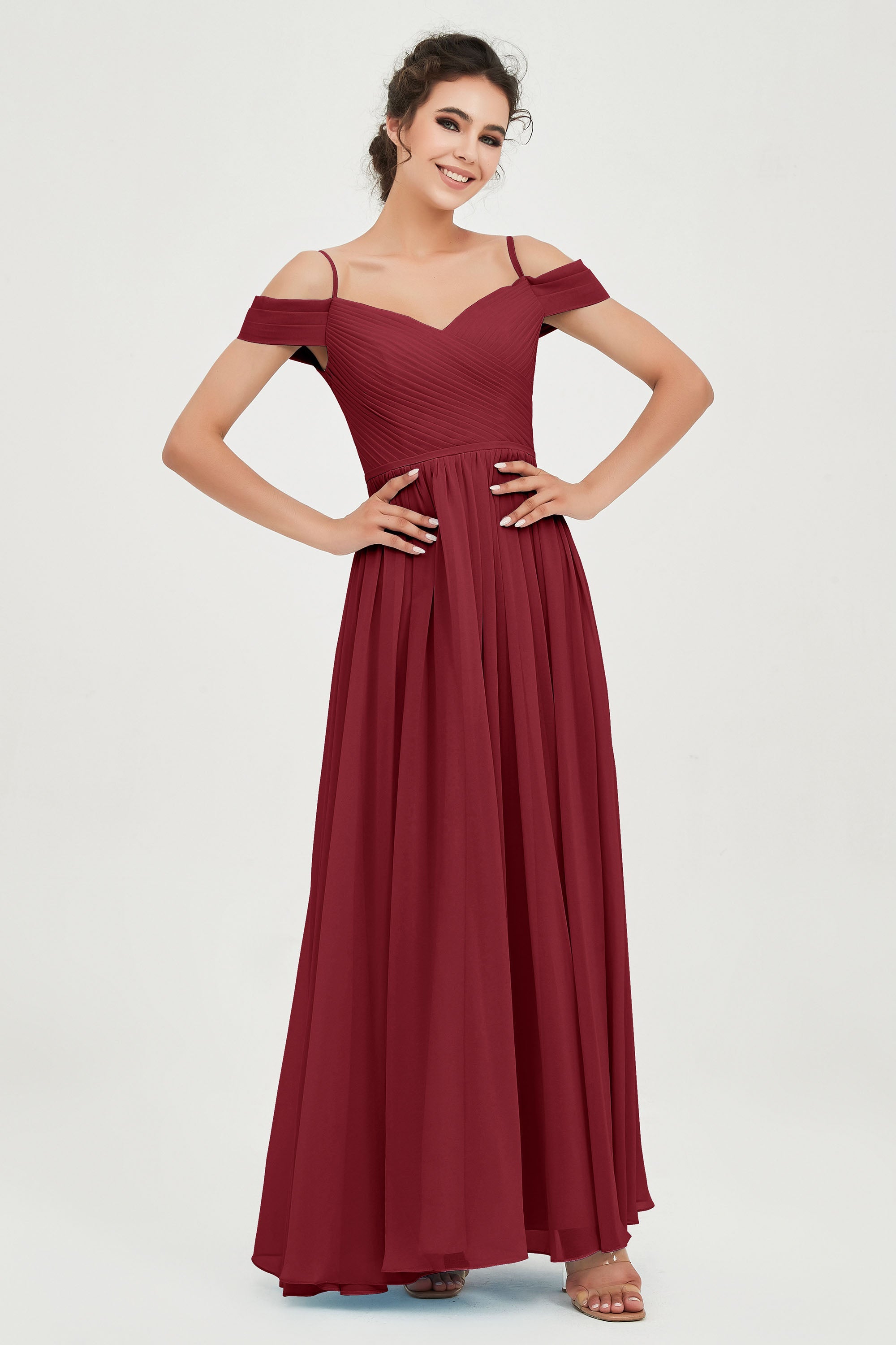 Spaghetti Straps Chiffon Pleated Ruched Bridesmaid Dress Long Formal Evening Dresses Gowns